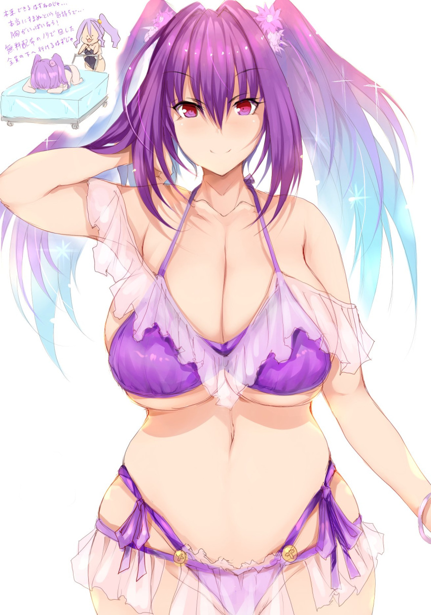 1girl bangs bare_shoulders bikini bracelet breasts cleavage collarbone fate/grand_order fate_(series) flower hair_between_eyes hair_flower hair_ornament highres jewelry large_breasts long_hair looking_at_viewer microskirt navel purple_bikini purple_hair red_eyes scathach_(fate) scathach_skadi_(fate) scathach_skadi_(swimsuit_ruler)_(fate) see-through skirt smile solo_focus swimsuit thighs tsukasawa_takamatsu twintails