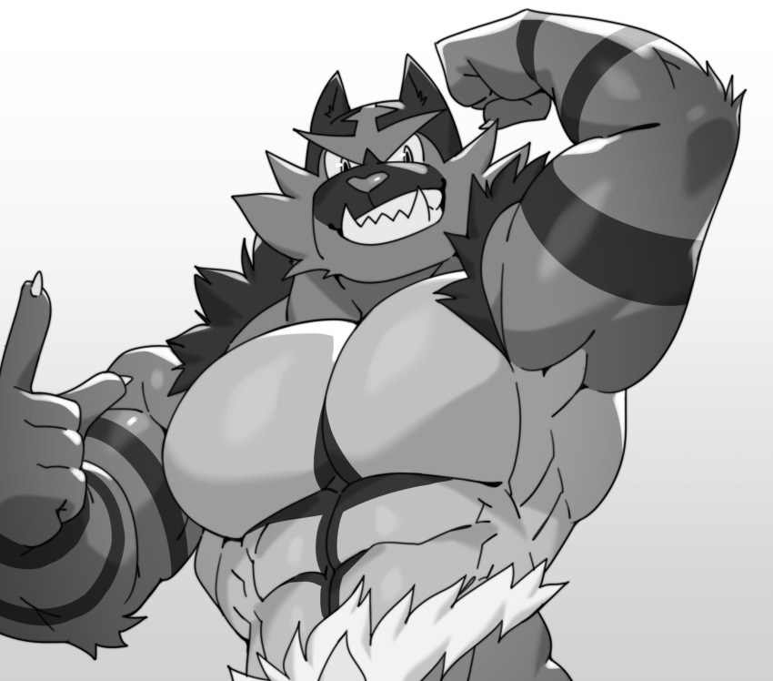 2022 5_fingers abs anthro arm_markings biceps big_muscles biped black_markings cheek_tuft chesschirebacon digital_media_(artwork) facial_tuft felid fingers flexing flexing_bicep front_view fur generation_7_pokemon glistening glistening_arms glistening_eyes half-length_portrait hi_res incineroar looking_at_viewer male mammal markings monochrome multicolored_body multicolored_fur muscular muscular_anthro muscular_male nintendo pecs pokemon pokemon_(species) portrait ring_(marking) simple_background solo teeth tuft two_tone_body two_tone_fur video_games white_background