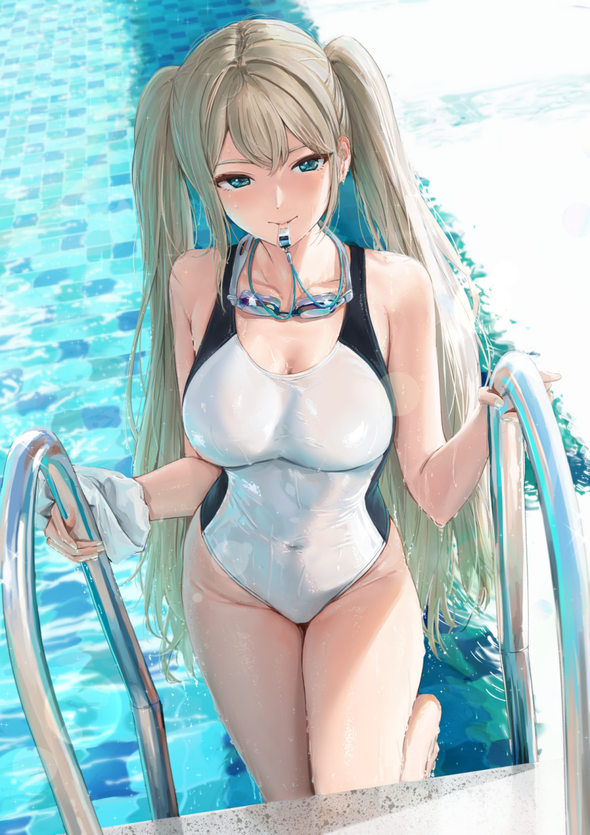 1girl akita_hika aqua_eyes breasts climbing_ladder competition_swimsuit covered_navel dripping from_above glint goggles goggles_around_neck grey_hair groin hand_on_railing highleg highleg_swimsuit highres looking_at_viewer medium_breasts multicolored_clothes multicolored_swimsuit navel one-piece_swimsuit original outdoors pool pool_ladder poolside refraction skin_tight skindentation solo swim_cap swim_cap_removed swimsuit thighs tile_floor tiles twintails wading wet wet_clothes wet_swimsuit whistle whistling
