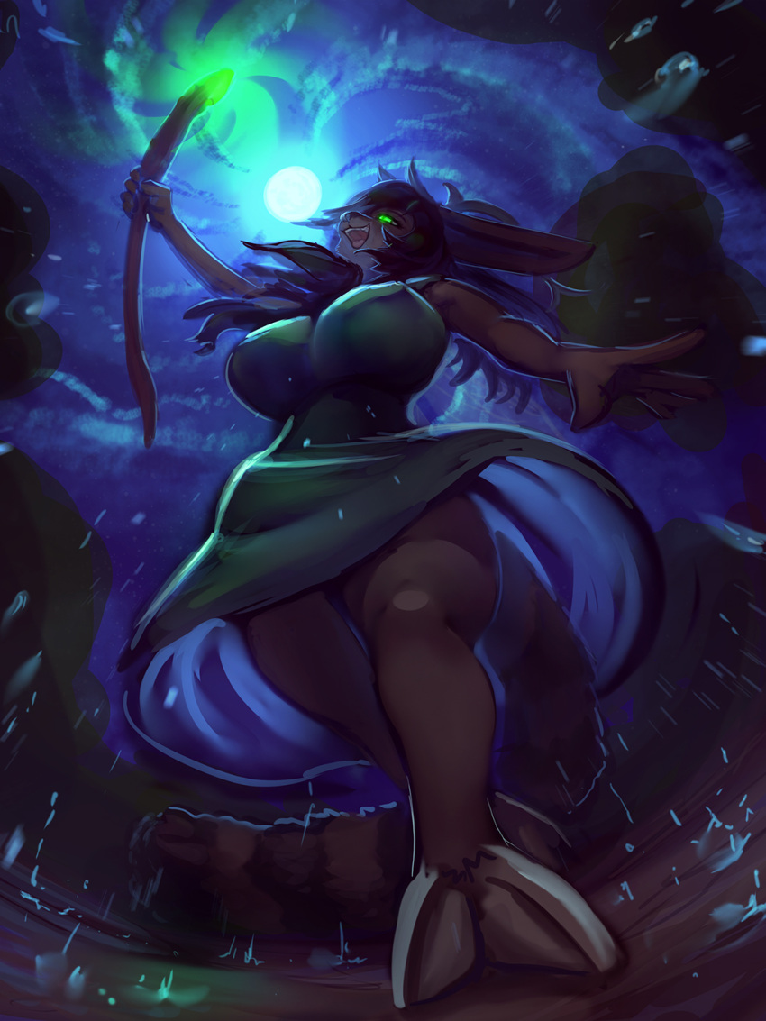 anthro big_breasts breasts brown_body brown_fur clothing digital_media_(artwork) dress female full_moon fur general-irrelevant green_clothing green_dress green_eyes hair hi_res holding_object holding_staff hooves hybrid low-angle_view mits_(character) moon nipple_outline open_mouth outside raining smile solo staff walking worm's-eye_view