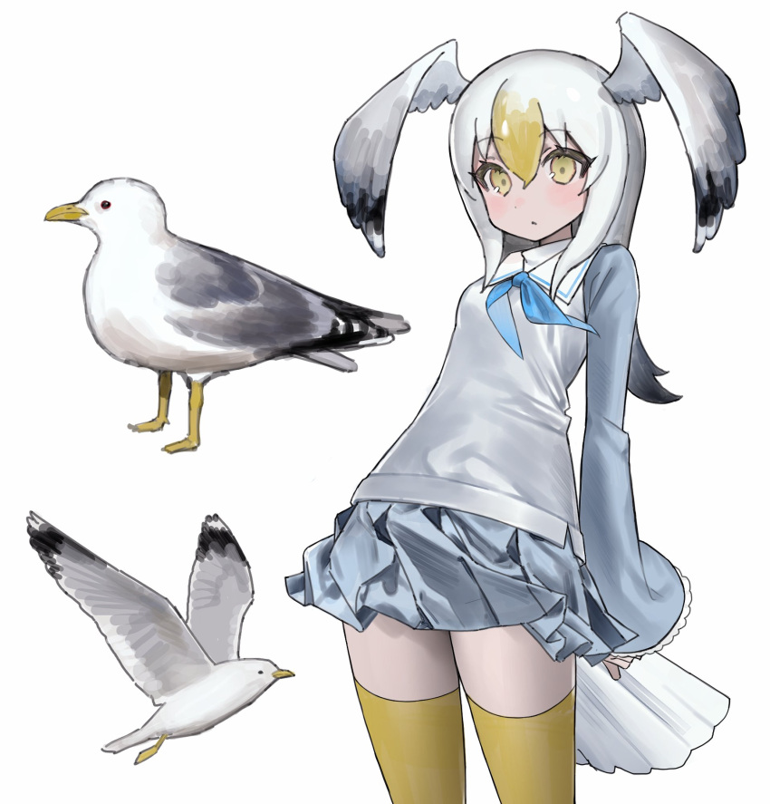 1girl bangs beak bird bird_girl bird_tail bird_wings blonde_hair blue_skirt blue_sleeves dot_mouth dot_nose expressionless flying frilled_sleeves frills hair_between_eyes highres light_blush long_hair long_sleeves multicolored_hair nn1004 original personification pleated_skirt seagull shirt sidelocks simple_background skirt solo standing streaked_hair tail thighhighs white_background white_hair white_shirt wing_ears wings yellow_eyes yellow_thighhighs zettai_ryouiki