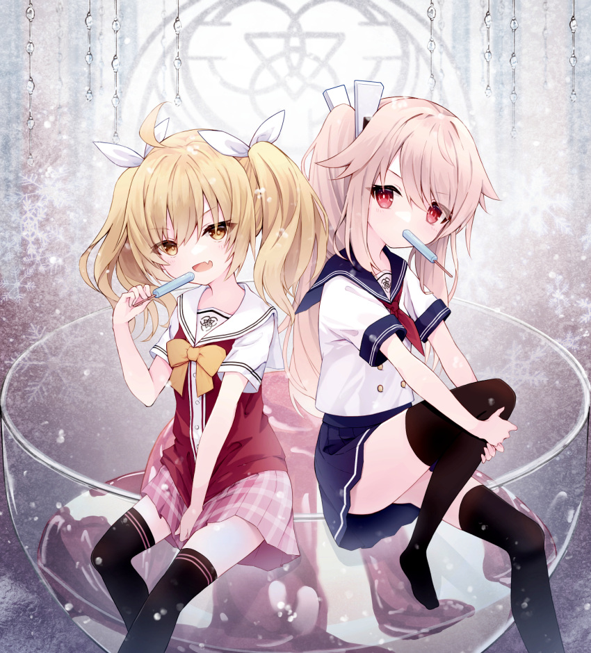 2girls :d ahoge bangs between_legs black_sailor_collar black_skirt black_thighhighs blonde_hair blue_archive blush brown_eyes commentary_request fang food food_in_mouth hair_between_eyes hair_ribbon hand_between_legs highres holding holding_food hugging_own_legs knee_up long_hair mouth_hold multiple_girls natsu_(blue_archive) neckerchief nishina_kakeri no_halo pink_hair pink_skirt plaid plaid_skirt pleated_skirt popsicle red_eyes red_neckerchief red_shirt ribbon sailor_collar shirt short_sleeves sitting skirt smile thighhighs twintails very_long_hair white_ribbon white_sailor_collar yoshimi_(blue_archive)
