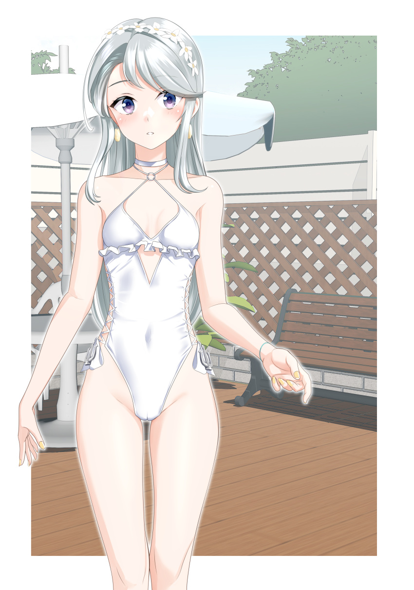1girl absurdres asymmetrical_bangs bangs bench blue_sky breasts cameltoe casual_one-piece_swimsuit covered_navel cowboy_shot day frilled_swimsuit frills grey_hair highleg highleg_swimsuit highres kantai_collection long_hair official_alternate_costume one-piece_swimsuit outdoors park_bench purple_eyes sagiri_(kancolle) side-tie_swimsuit sky small_breasts solo standing swept_bangs swimsuit takafumi white_one-piece_swimsuit