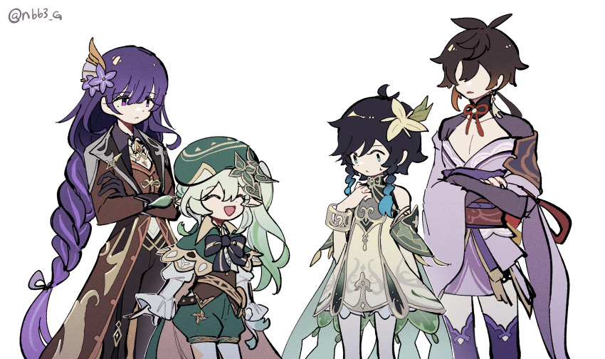 2boys 2girls aqua_eyes aqua_hair bangs black_hair braid braided_ponytail brown_hair cape closed_eyes closed_mouth coat cosplay costume_switch crossed_arms dress flower genshin_impact gradient_hair green_hair green_headwear hair_flower hair_ornament hat highres japanese_clothes kimono long_hair long_sleeves multicolored_hair multiple_boys multiple_girls nahida_(genshin_impact) nahida_(genshin_impact)_(cosplay) nbb3 open_mouth pointy_ears purple_eyes purple_flower purple_hair purple_kimono raiden_shogun raiden_shogun_(cosplay) short_hair side_ponytail simple_background smile twin_braids twitter_username two-tone_hair venti_(genshin_impact) venti_(genshin_impact)_(cosplay) white_background white_dress white_flower zhongli_(genshin_impact) zhongli_(genshin_impact)_(cosplay)