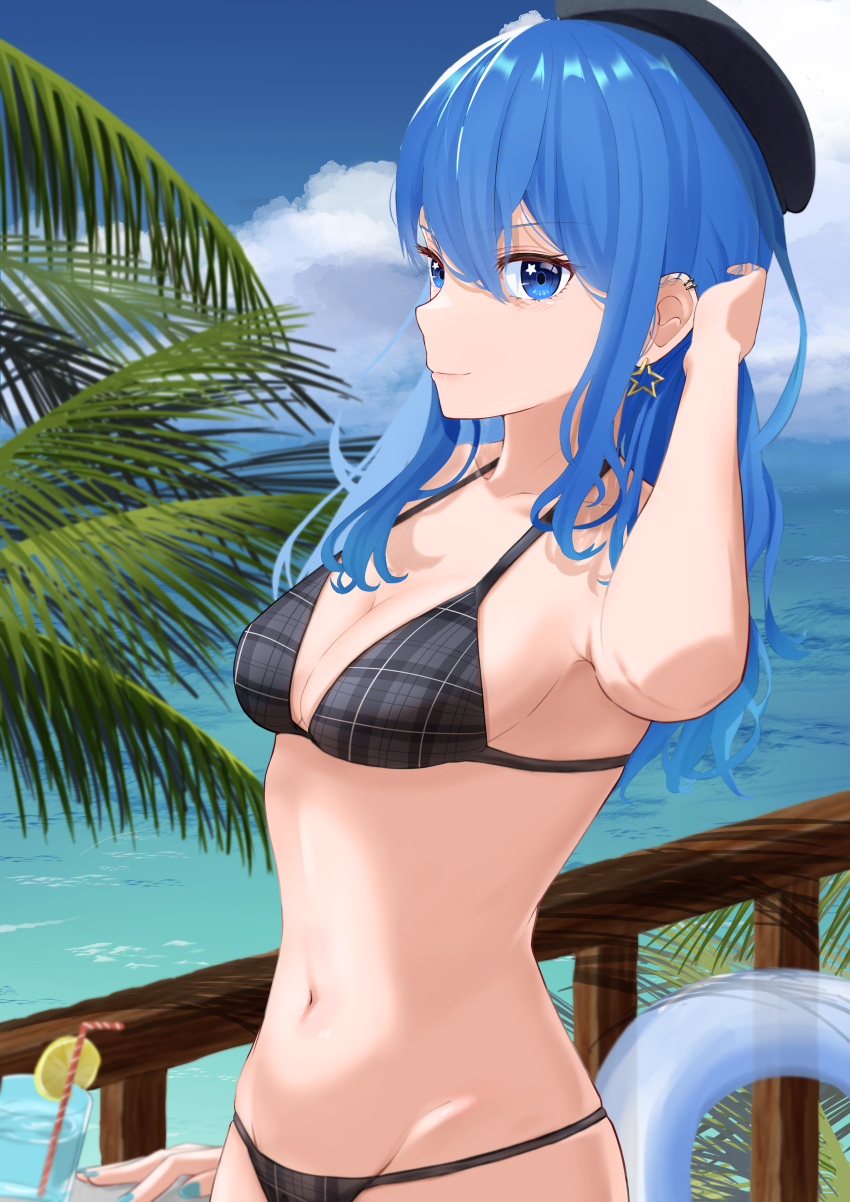 +_+ 1girl absurdres arm_up beret bikini blue_eyes blue_hair blue_nails blue_sky botan0912 breasts closed_mouth cloud cup day drinking_glass drinking_straw food from_side fruit hat highres hololive hoshimachi_suisei lemon lemon_slice navel ocean outdoors patio plaid plaid_bikini railing sky small_breasts solo star_(symbol) star_in_eye stomach swimsuit symbol_in_eye