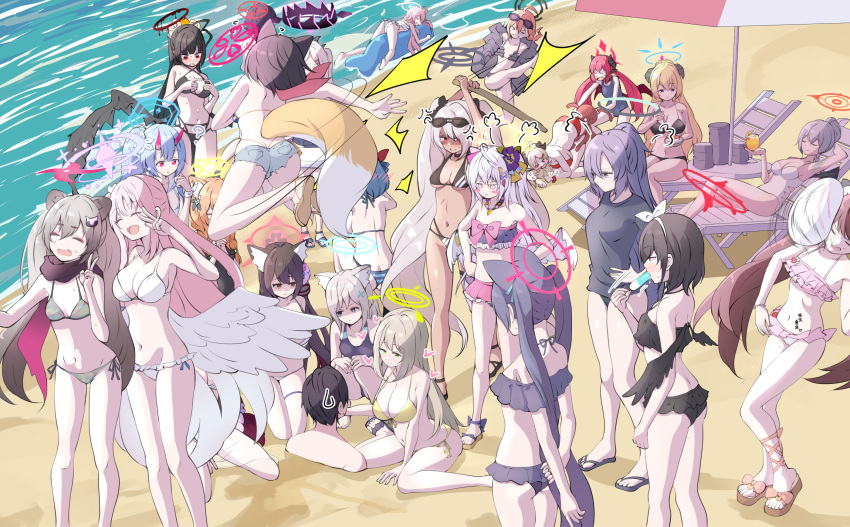 &gt;_&lt; 1boy 6+girls =3 ? absurdly_long_hair ahoge akari_(blue_archive) ako_(blue_archive) alternate_costume alternate_hairstyle anger_vein animal_ear_fluff animal_ears armpits arms_behind_back arms_up ayane_(blue_archive) ayane_(swimsuit)_(blue_archive) azusa_(blue_archive) azusa_(swimsuit)_(blue_archive) ball bangs bare_shoulders beach bead_necklace beads belt bikini black_bikini black_hair black_hairband black_one-piece_swimsuit black_shirt black_wings blue_archive blue_eyes blue_hair blush blush_stickers breasts buried cat_ears chise_(blue_archive) chise_(swimsuit)_(blue_archive) cleavage closed_eyes closed_mouth collarbone commentary_request competition_swimsuit cup dark_skin demon_horns demon_wings denim denim_shorts drinking_glass eyewear_on_head flip-flops flower flying_sweatdrops food fox_ears fox_girl fox_tail frilled_bikini frills from_above from_behind full_body green_bikini green_eyes grey_background grey_hair hair_between_eyes hair_flower hair_ornament hairband hairclip halo haruna_(blue_archive) heart highres hina_(blue_archive) hina_(swimsuit)_(blue_archive) holding holding_cup holding_plate holding_sword holding_weapon horns hoshino_(blue_archive) hoshino_(swimsuit)_(blue_archive) huge_breasts index_fingers_together iori_(blue_archive) iori_(swimsuit)_(blue_archive) izumi_(blue_archive) izumi_(swimsuit)_(blue_archive) izuna_(blue_archive) izuna_(swimsuit)_(blue_archive) jewelry junko_(blue_archive) kneeling large_breasts long_hair looking_at_another low_wings lying maid_headdress mari_(blue_archive) mari_(swimsuit)_(blue_archive) mashiro_(blue_archive) mashiro_(swimsuit)_(blue_archive) michiru_(blue_archive) mika_(blue_archive) mimori_(blue_archive) mismatched_pupils motion_lines multiple_girls navel necklace neru_(blue_archive) nonomi_(blue_archive) nonomi_(swimsuit)_(blue_archive) ocean octopus off-shoulder_bikini off_shoulder on_back on_stomach one-piece_swimsuit orange_hair own_hands_clasped own_hands_together parasol pink_bikini pink_hair plate ponytail popsicle popsicle_in_mouth purple_eyes purple_hair red_bikini red_eyes sandals school_swimsuit sensei_(blue_archive) serika_(blue_archive) serika_(swimsuit)_(blue_archive) shaded_face shiroko_(blue_archive) shiroko_(swimsuit)_(blue_archive) shirt shizuko_(blue_archive) shizuko_(swimsuit)_(blue_archive) short_sleeves shorts side-tie_bikini sidelocks sitting smile spaghetti_strap squatting squiggle standing stomach striped striped_bikini sunglasses sweatdrop swimsuit sword tail thighlet tonomiya68 top-down_bottom-up trapped tsurugi_(blue_archive) tsurugi_(swimsuit)_(blue_archive) twintails two_side_up umbrella v very_long_hair wakamo_(blue_archive) wakamo_(swimsuit)_(blue_archive) walking wariza water weapon white_bikini wings wooden_sword yellow_bikini yellow_eyes yuuka_(blue_archive)
