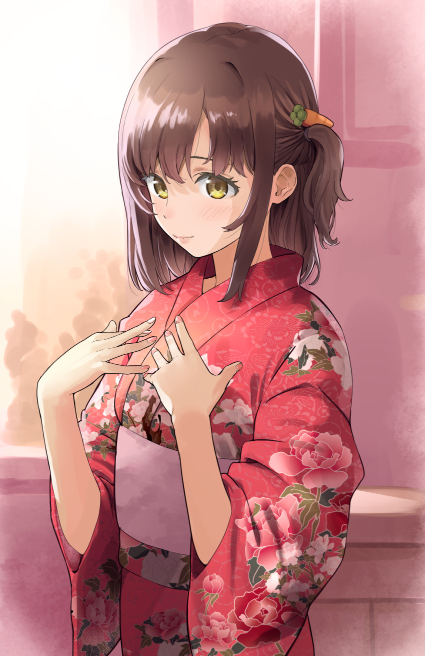 1girl blush brown_hair carrot_hair_ornament floral_print food-themed_hair_ornament hair_ornament hands_on_own_chest highres japanese_clothes kimono medium_hair nail_polish obi one_side_up original pink_nails print_kimono sash smile solo upper_body yellow_eyes yoropa yukata