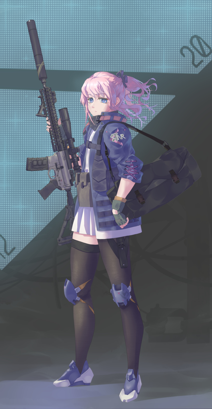 1girl absurdres ar-15 bag blue_eyes closed_mouth commentary_request dress expressionless fingerless_gloves full_body girls'_frontline gloves gun hair_ornament highres holding holding_weapon jacket knee_pads long_hair looking_at_viewer looking_to_the_side one_side_up pink_hair rifle shu70077 sidelocks single_thighhigh solo st_ar-15_(girls'_frontline) standing thighhighs weapon