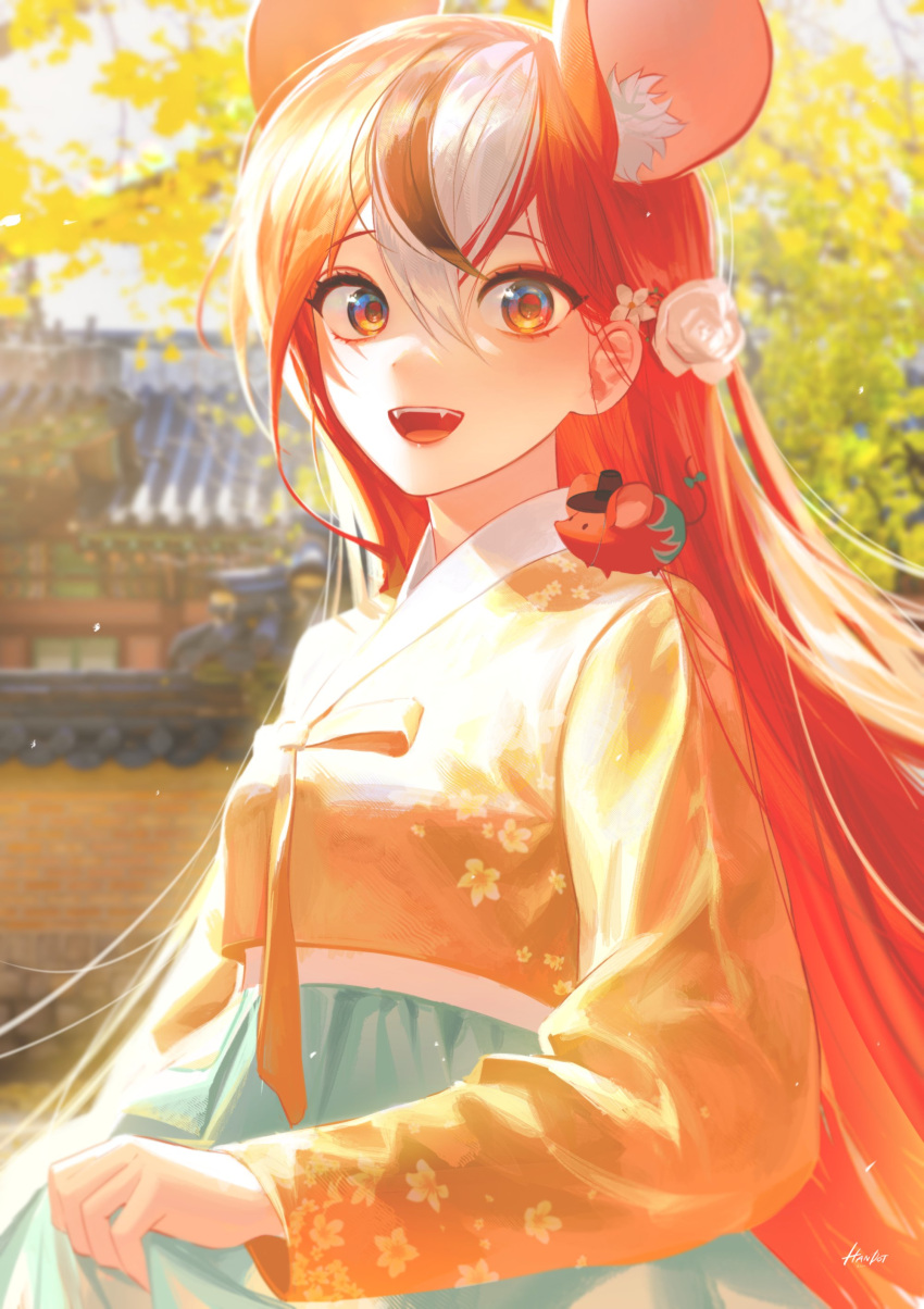 1girl :d absurdres alternate_costume animal_ear_fluff animal_ears bangs commentary extra_ears fangs floral_print flower hair_between_eyes hair_down hair_flower hair_ornament hakos_baelz hanbok handot_(d_yot_) highres hololive hololive_english korean_clothes long_hair long_sleeves looking_at_viewer mouse mouse_ears mr._squeaks_(hakos_baelz) multicolored_hair open_mouth orange_eyes red_hair smile solo upper_body virtual_youtuber white_hair