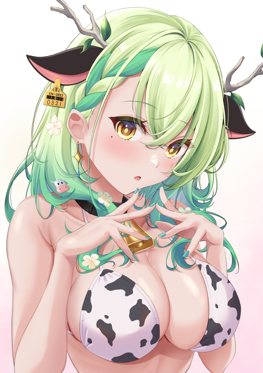 1girl :o absurdres animal_ears animal_print antlers bangs barcode bell bikini black_collar blush branch breasts ceres_fauna cleavage collar cow_ears cow_hair_ornament cow_print cowbell crossed_bangs ear_tag flower green_hair green_nails hair_flower hair_ornament hands_up highres hololive hololive_english kaigan large_breasts leaf long_hair looking_at_viewer mole mole_under_eye neck_bell parted_lips revision solo swimsuit upper_body virtual_youtuber wavy_hair yellow_eyes