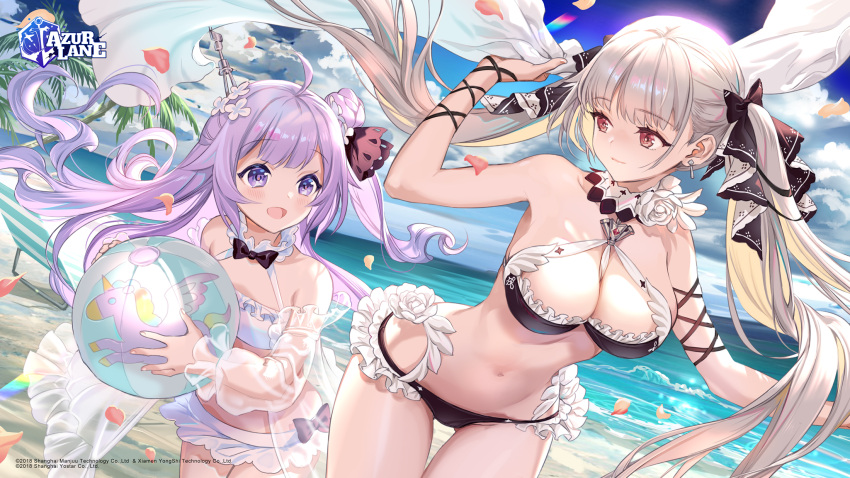 2girls ahoge azur_lane ball banned_artist beach beachball bikini black_bikini black_ribbon blue_sky breasts closed_mouth cloud commentary_request copyright copyright_request day flower formidable_(azur_lane) frilled_bikini frills hair_bun hair_flower hair_ornament hair_ribbon highres holding holding_ball large_breasts long_hair looking_at_another midori_foo multiple_girls navel ocean open_mouth outdoors purple_eyes purple_hair red_eyes ribbon sky smile swimsuit twintails two-tone_ribbon unicorn_(azur_lane) very_long_hair white_bikini white_ribbon