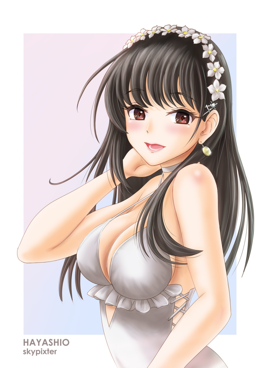 1girl artist_name black_hair casual_one-piece_swimsuit character_name choker commentary_request cosplay criss-cross_halter earrings flower food-themed_earrings frilled_swimsuit frills hair_flower hair_ornament hairband halterneck hayashio_(kancolle) highres jewelry kantai_collection lemon_earrings long_hair looking_at_viewer mole mole_under_eye one-piece_swimsuit red_eyes sagiri_(kancolle) sagiri_(kancolle)_(cosplay) skypixter solo swimsuit upper_body white_choker white_one-piece_swimsuit
