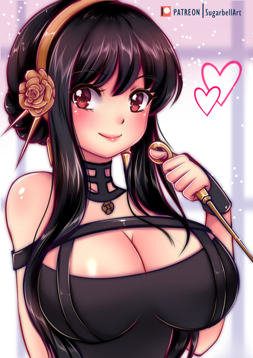 1girl absurdres breasts cleavage dagger dress earrings gold_earrings gold_hairband heart highres holding holding_dagger holding_weapon jewelry knife large_breasts solo spy_x_family stiletto_(weapon) sugarbell two-sided_dress two-sided_fabric weapon yor_briar