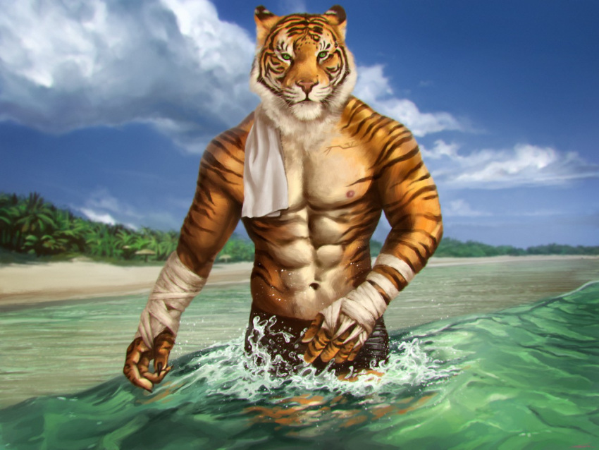 abs anthro bandage bandaged_arm beach claws cloud detailed_background digital_media_(artwork) felid feline felis fur green_eyes looking_at_viewer male mammal muscular muscular_anthro muscular_male navel nipples pantherine partially_submerged plant sand seaside short_ears sky solo splash striped_body striped_fur stripes talbaine tallyhawk_(tallyhawk) tiger towel towel_on_shoulder tree water watermark wave whiskers