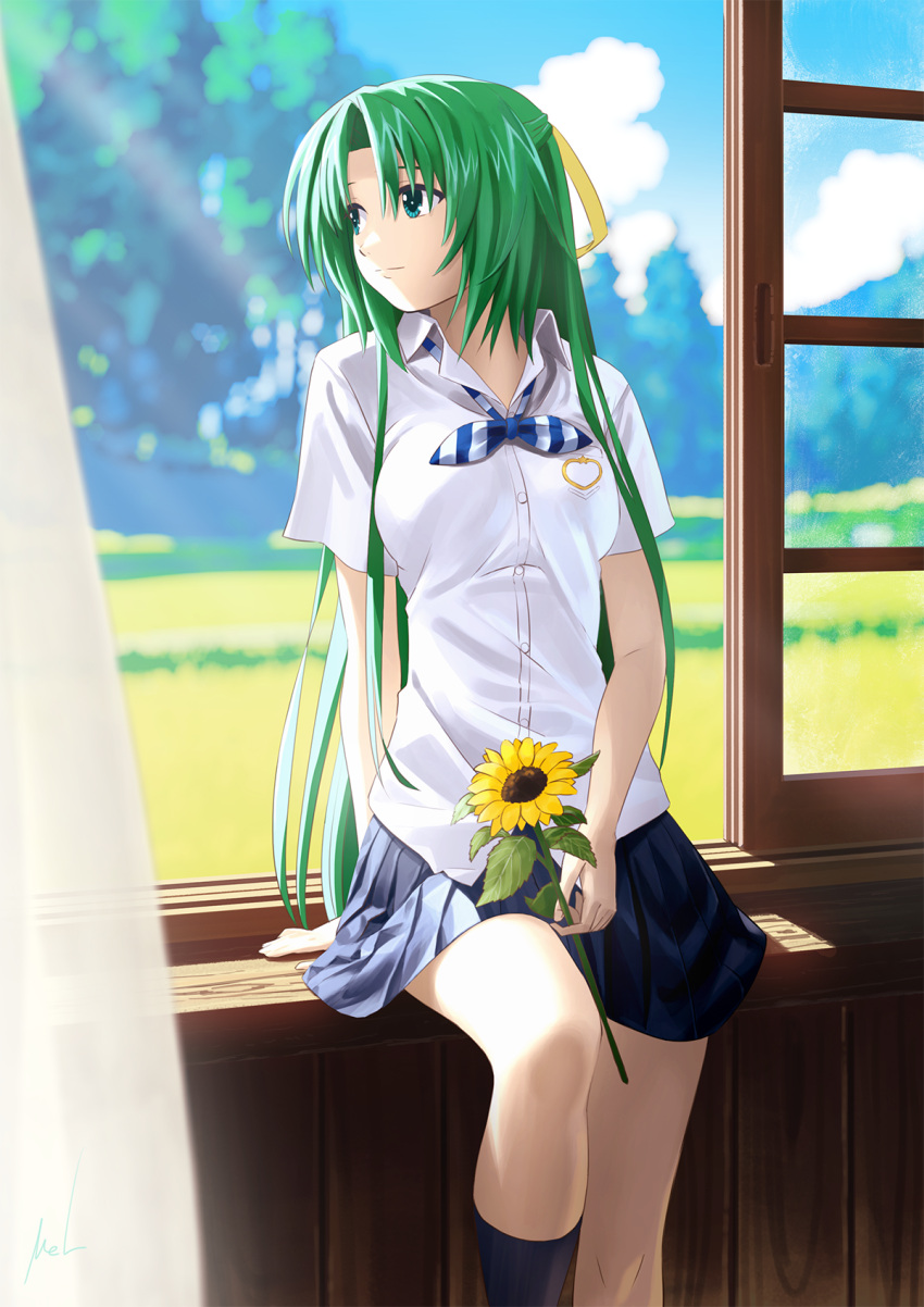 1girl black_socks blue_skirt bow bowtie closed_mouth flower green_eyes green_hair hair_ribbon highres higurashi_no_naku_koro_ni long_hair looking_away mac_naut pleated_skirt ribbon scenery shirt short_sleeves sitting skirt sky socks solo sonozaki_shion summer sunflower sunlight uniform white_shirt window yellow_ribbon