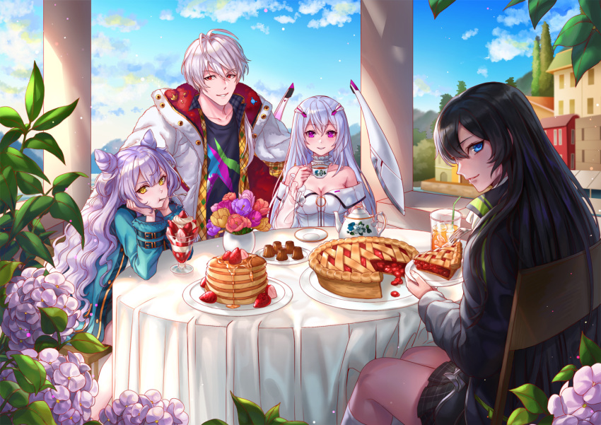 1boy 3girls alice_fiction back bangs bare_shoulders black_hair blue_hair blue_sky blush box_(hotpppink) breasts chair cleavage cloud cup day double_bun drink drinking_glass drinking_straw flower food fruit grin hair_bun hair_ornament head_rest jacket kneehighs long_hair looking_at_viewer multiple_girls neu_(alice_fiction) outdoors pancake pancake_stack parfait pie plant pleated_skirt potted_plant purple_eyes purple_hair red_eyes saucer see-through sitting skirt sky smile socks strawberry table tea teacup teapot wavy_hair white_hair white_socks yellow_eyes