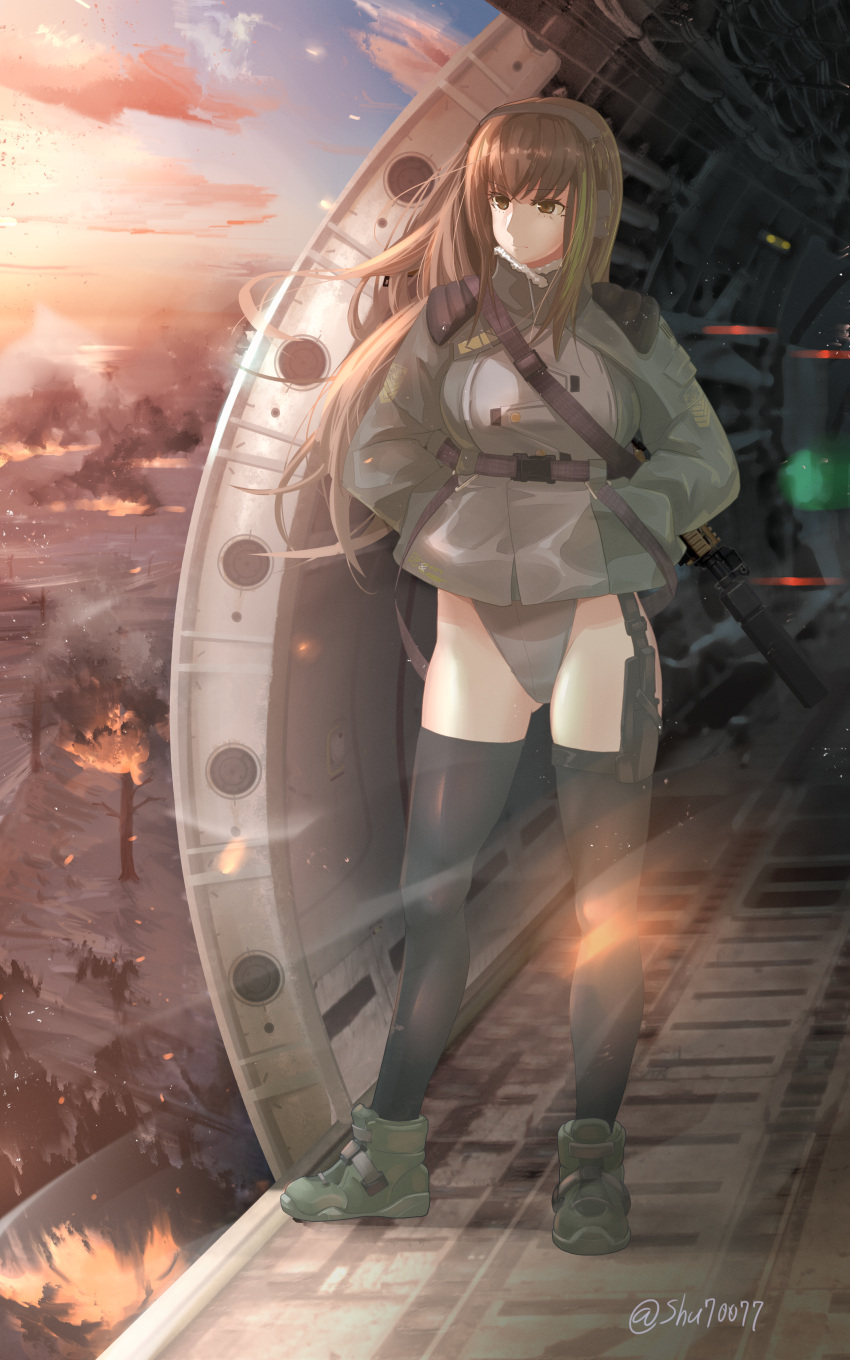 1girl absurdres assault_rifle bangs black_leotard black_thighhighs brown_eyes brown_hair closed_mouth commentary_request expressionless fire full_body girls'_frontline green_hair gun highleg highleg_leotard highres jacket leotard long_hair looking_to_the_side m4_carbine m4a1_(girls'_frontline) multicolored_hair rifle shu70077 standing streaked_hair thighhighs twitter_username vehicle_interior weapon weapon_on_back