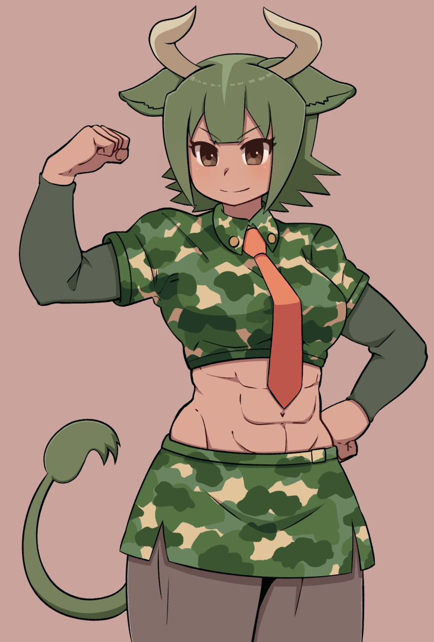 1girl abs animal_ears aurochs_(kemono_friends) black_pantyhose blush brown_eyes camouflage camouflage_shirt camouflage_skirt collared_shirt commentary cow_ears cow_girl cow_horns cow_tail cowboy_shot edano_kiui green_hair highres horns kemono_friends long_sleeves midriff miniskirt muscular muscular_female navel necktie pantyhose pencil_skirt red_necktie shirt short_hair short_sleeves skirt smile solo tail