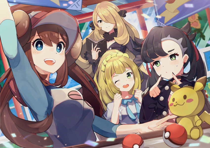 4girls :d ;o arm_up black_choker black_hair black_jacket black_nails blonde_hair blue_eyes blush book breasts brown_eyes brown_hair choker clenched_hands commentary cynthia_(pokemon) dot_nose double_bun fingersmile fur_collar green_eyes hair_bun hair_ornament hair_over_one_eye hands_up highres holding holding_book jacket lillie_(pokemon) long_sleeves marnie_(pokemon) medium_breasts multiple_girls one_eye_closed pikachu poke_ball poke_ball_(basic) pokemon pokemon_(game) pokemon_masters_ex ponytail pout rosa_(pokemon) smile stuffed_toy sweatdrop twintails umiru visor_cap