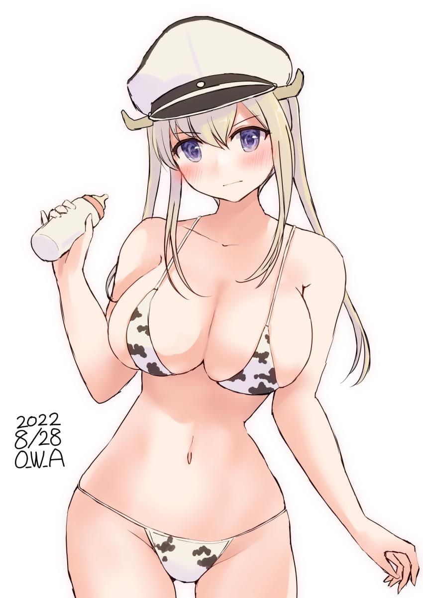 1girl animal_print baby_bottle bikini blonde_hair bottle breasts commentary_request cow_print cowboy_shot graf_zeppelin_(kancolle) grey_eyes hair_between_eyes hat highres holding holding_bottle kantai_collection large_breasts military_hat one-hour_drawing_challenge owa_(ishtail) peaked_cap sidelocks solo swimsuit tsurime twintails white_bikini white_headwear