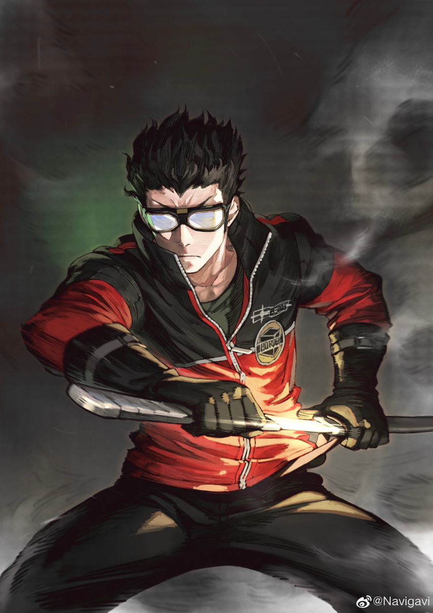 &gt;:( 1boy absurdres black_gloves black_hair black_pants black_shirt border_uniform collarbone dust feet_out_of_frame fighting_stance glasses gloves glowing glowing_sword glowing_weapon goggles grey_background hair_slicked_back high_collar highres holding holding_weapon ikoma_tatsuhito incoming_attack jacket jun_(seojh1029) legs_apart long_sleeves male_focus opaque_glasses pants partially_opaque_glasses partially_unzipped scabbard serious sheath shirt short_hair sideways_glance solo standing sword uniform unsheathing v-shaped_eyebrows weapon weibo_logo weibo_username world_trigger