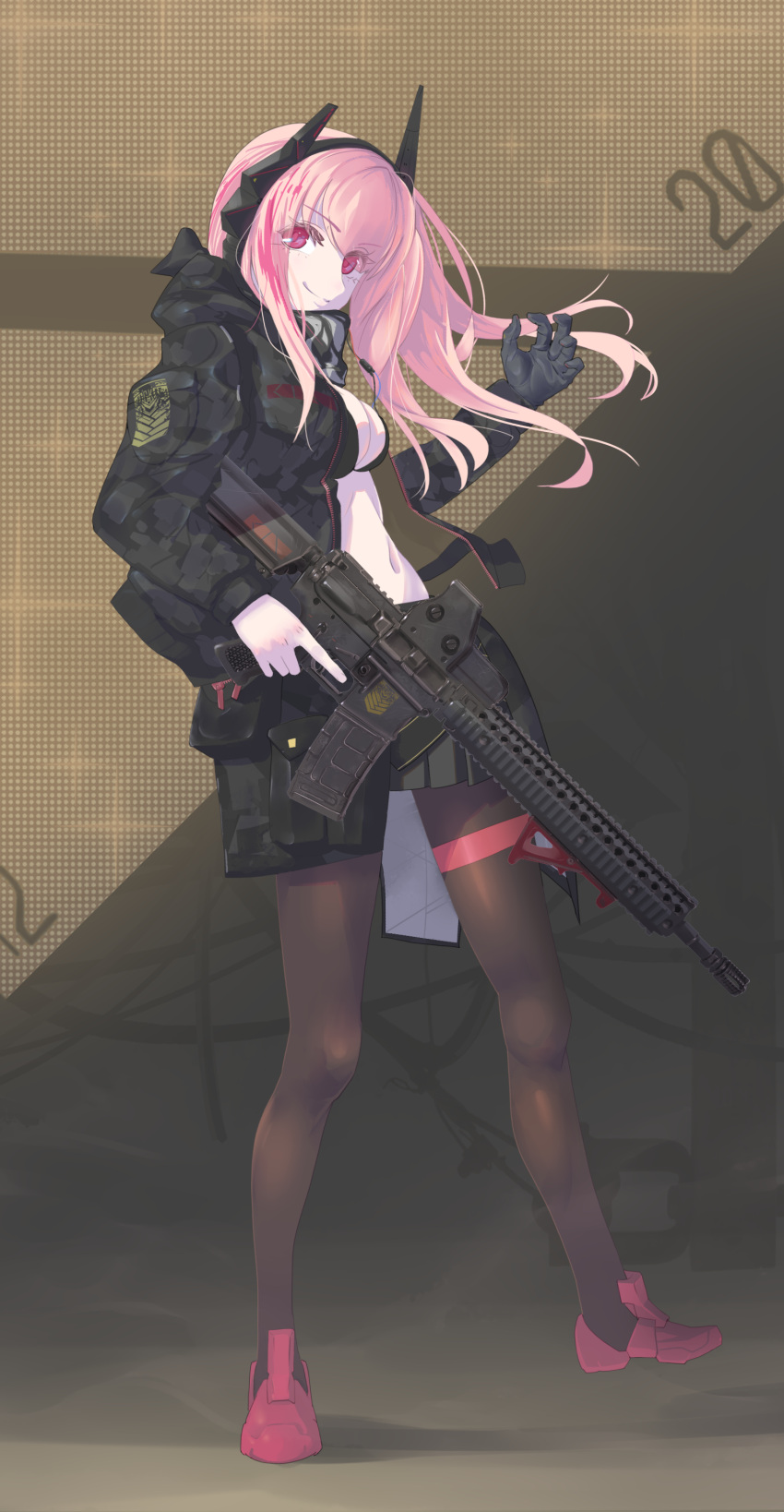 1girl absurdres assault_rifle bangs black_jacket black_pantyhose closed_mouth commentary_request full_body girls'_frontline gun headgear highres holding holding_weapon jacket long_hair looking_at_viewer looking_to_the_side m4_carbine m4_sopmod_ii_(girls'_frontline) multicolored_hair pantyhose pink_hair red_eyes red_hair rifle shu70077 smile solo standing streaked_hair weapon