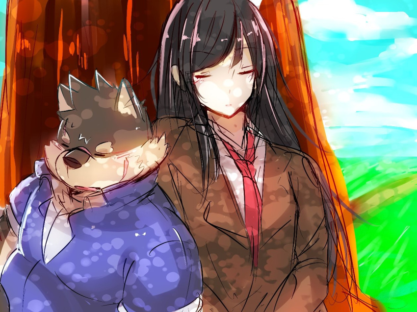 anthro canid canine canis clothing domestic_dog duo eyes_closed female female_protagonist_(tas) feral fur grey_body grey_fur human humanoid lifewonders male male/female mammal mine_miki0840 moritaka mouth_closed necktie open_mouth painting_(artwork) plant protagonist_(tas) scar sitting sleeping sleeping_on_partner tokyo_afterschool_summoners traditional_media_(artwork) tree uniform video_games watercolor_(artwork)