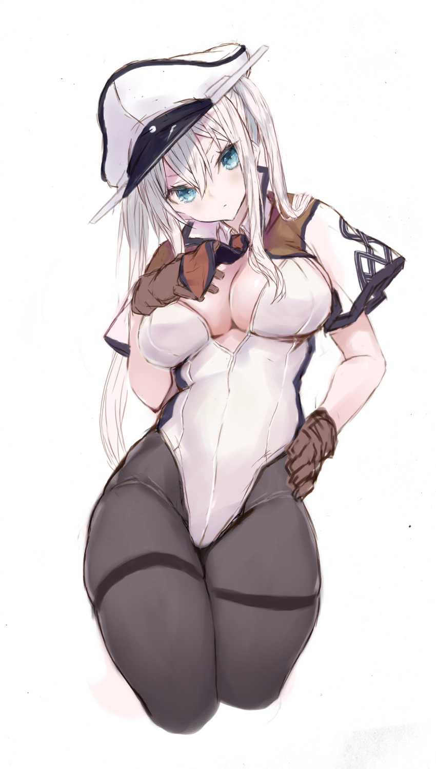 1girl absurdres adapted_costume black_pantyhose blonde_hair blue_eyes blush breasts brown_gloves capelet closed_mouth cowboy_shot cropped_legs gloves graf_zeppelin_(kancolle) hair_between_eyes hat highres kantai_collection large_breasts leotard long_hair one-hour_drawing_challenge pantyhose peaked_cap ryo_(tg290) sidelocks simple_background solo twintails white_background white_headwear white_leotard