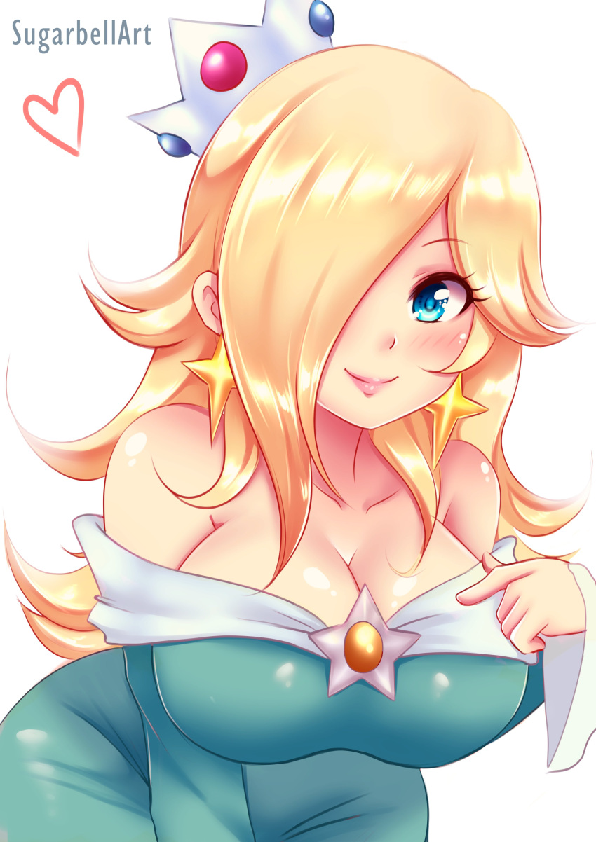 1girl absurdres blonde_hair blue_eyes breasts cleavage crown earrings highres jewelry large_breasts long_hair mario_(series) rosalina simple_background solo star_(symbol) star_earrings sugarbell super_mario_galaxy white_background