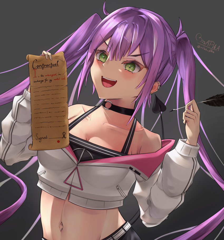1girl absurdres artist_name bangs bare_shoulders black_choker blush breasts casual choker cleavage collarbone commentary contract crop_top dated_commentary demon_tail ear_piercing fangs feathers green_eyes grey_background highres holding holding_feather holding_paper hololive jacket long_hair long_sleeves looking_at_viewer medium_breasts misa_pika navel open_mouth paper piercing purple_hair smile solo tail teeth tokoyami_towa twintails twitter_username upper_body upper_teeth virtual_youtuber white_jacket