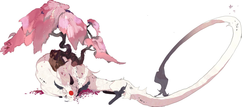 cherry_blossom dragon feral fur hi_res inner_ear_fluff kamikiri_t leg_markings markings plant simple_background sleeping socks_(marking) solo tree tuft unknown_species white_body white_fur