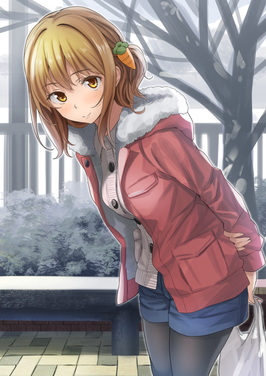 1girl arms_behind_back bag bangs bare_tree bench black_pantyhose blonde_hair blue_shorts blush breasts bush buttons cardigan carrot_hair_ornament closed_mouth day food-themed_hair_ornament fur_trim hair_intakes hair_ornament highres holding hood hood_down hooded_jacket jacket leaning_forward long_sleeves looking_at_viewer medium_breasts open_clothes open_jacket original outdoors pantyhose pavement pink_jacket railing shopping_bag short_hair short_shorts shorts sidelocks smile solo standing tree wing_collar winter_clothes yellow_eyes yoropa