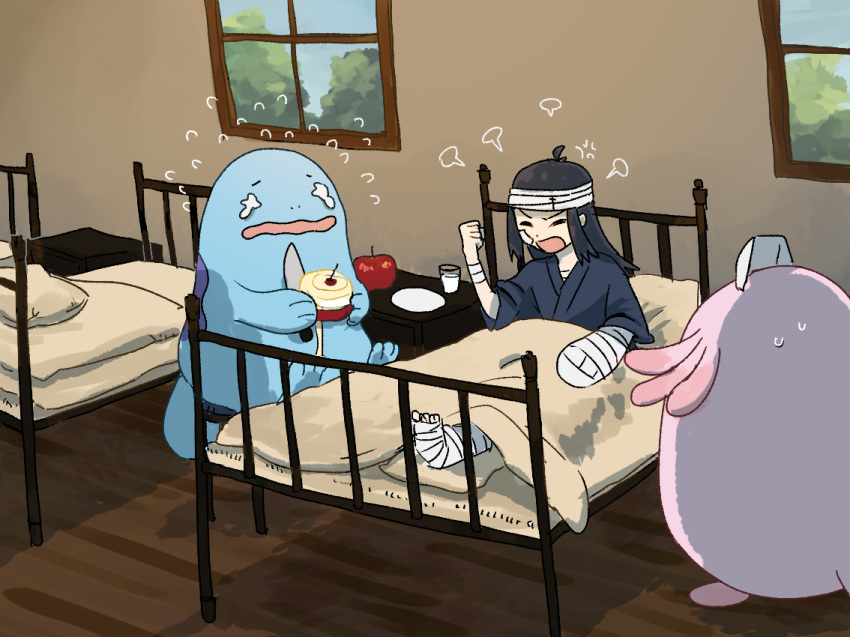 1girl akari_(pokemon) angry apple bandage_on_face bandaged_arm bandaged_head bandaged_leg bandages bandaid bandaid_on_cheek bandaid_on_face bed broken_arm broken_leg chansey commentary_request food fruit hat indoors injury nurse_cap peeling pic_koiwai pokemon pokemon_(creature) pokemon_(game) pokemon_legends:_arceus quagsire sweatdrop under_covers