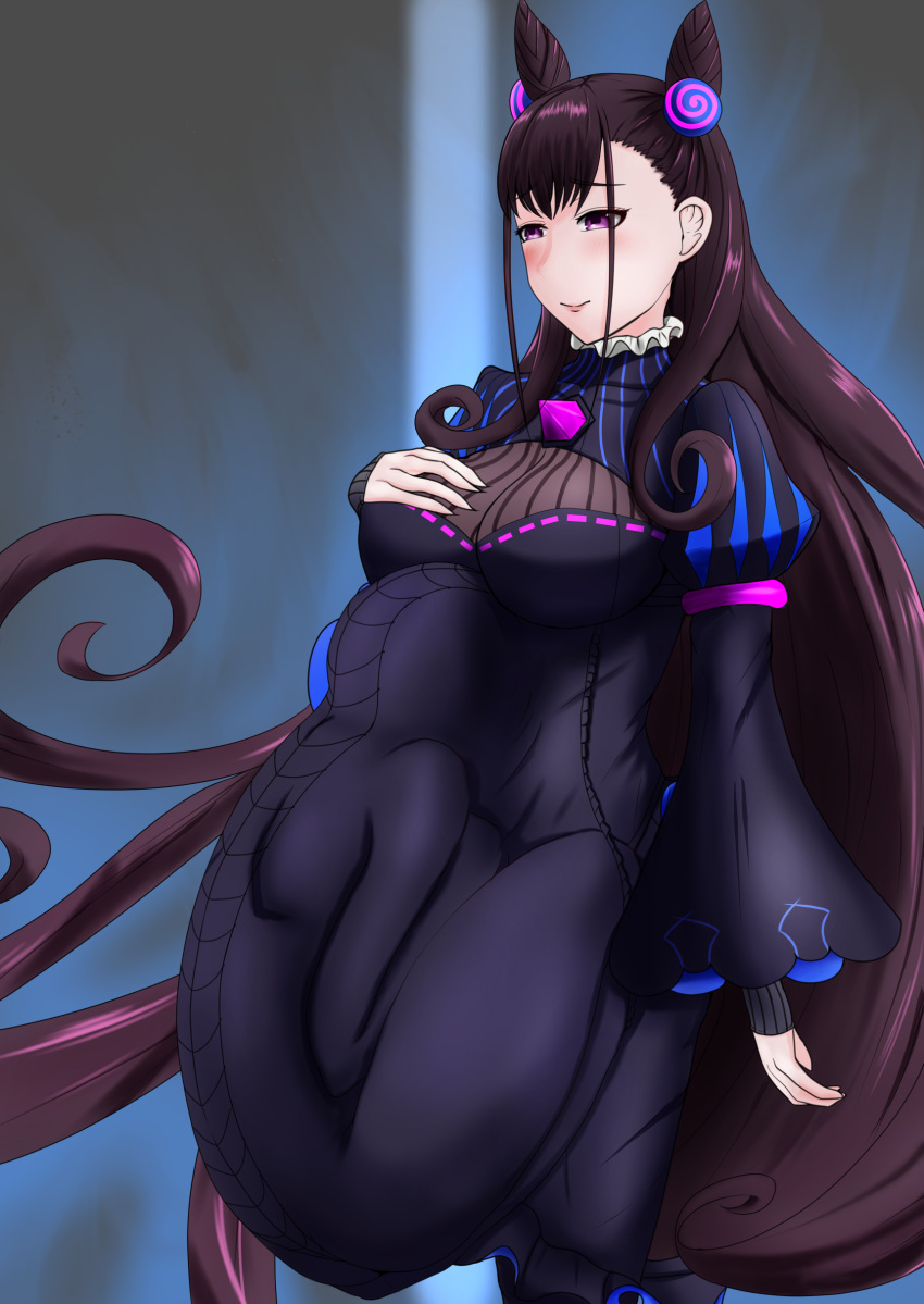 1girl absurdres bangs breasts cleavage double_bun eyebrows_visible_through_hair fate/grand_order fate_(series) hair_ornament highres large_breasts long_hair looking_at_viewer murasaki_shikibu_(fate) purple_eyes purple_hair smile solo stomach_bulge very_long_hair vore white_background