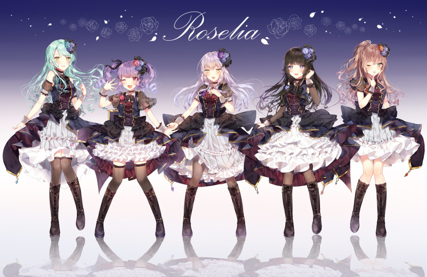 5girls :d ;) ;d aqua_hair aqua_rose ascot bang_dream! bangs black_choker black_flower black_footwear black_hair black_legwear black_neckwear black_ribbon black_rose blue_flower blue_rose blunt_bangs blush boots bow bowtie brown_hair choker clenched_hand collared_dress corsage corset cross-laced_footwear detached_sleeves dress finger_to_mouth flower frilled_dress frills full_body green_eyes group_name hair_flower hair_ornament hair_ribbon half_updo hand_in_hair hand_on_own_chest hand_up highres hikawa_sayo imai_lisa knee_boots long_hair looking_at_viewer minato_yukina multiple_girls one_eye_closed open_mouth overskirt pantyhose purple_eyes purple_flower purple_hair purple_rose red_eyes red_flower red_rose reflection ribbon rose roselia_(bang_dream!) see-through_sleeves shirokane_rinko short_sleeves silver_hair skirt_hold smile standing striped taya_5323203 thighhighs twintails udagawa_ako vertical_stripes wrist_cuffs yellow_eyes