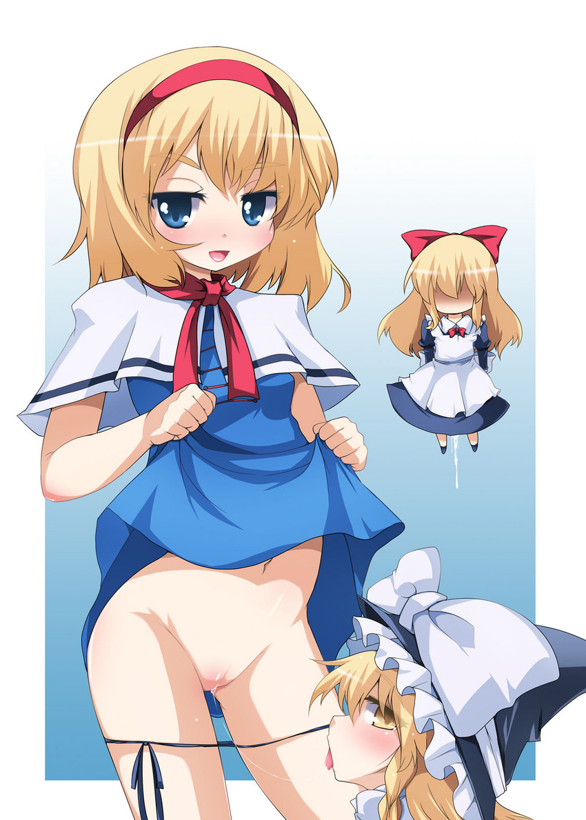 alice_margatroid blonde_hair blue_eyes blush cunnilingus highres kirisame_marisa looking_at_viewer multiple_girls navel oral panties panty_pull pussy pussy_juice raiden_(raiden_labo) ribbon saliva saliva_trail shaded_face shanghai_doll short_hair side-tie_panties skirt skirt_lift tongue tongue_out touhou underwear yellow_eyes yuri