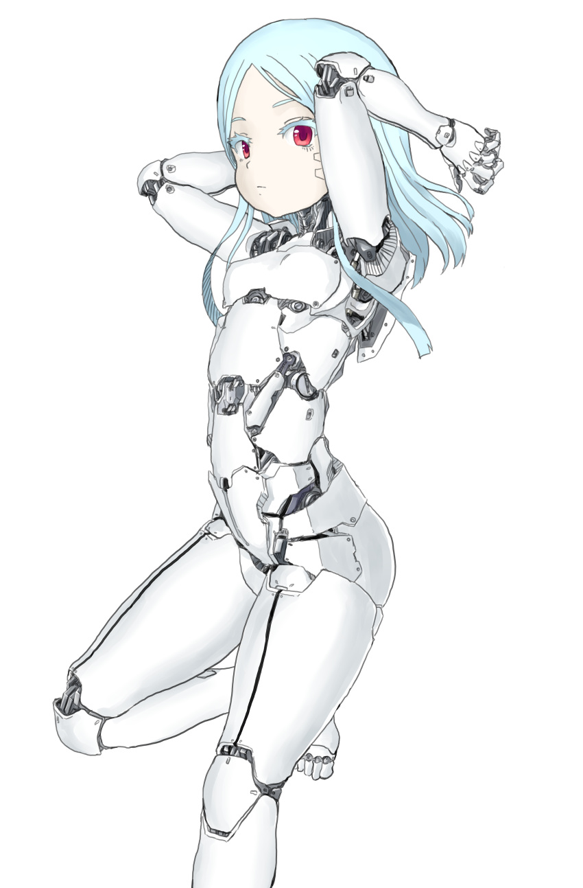 1girl absurdres android bangs breasts colored_eyelashes expressionless foot_out_of_frame highres light_blue_hair looking_at_viewer medium_hair original parted_bangs parts_exposed red_eyes robot_joints small_breasts solo user_rgcc3848 white_background