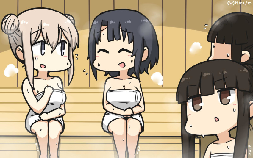 3girls bangs black_hair blonde_hair blunt_bangs blush breasts brown_eyes commentary_request dated eyes_closed graf_zeppelin_(kantai_collection) grey_eyes hair_between_eyes hair_bun hamu_koutarou hatsuyuki_(kantai_collection) highres hime_cut kantai_collection large_breasts long_hair multiple_girls naked_towel open_mouth red_eyes sauna short_hair sidelocks signature sitting small_breasts steam sweat takao_(kantai_collection) towel translation_request upper_body