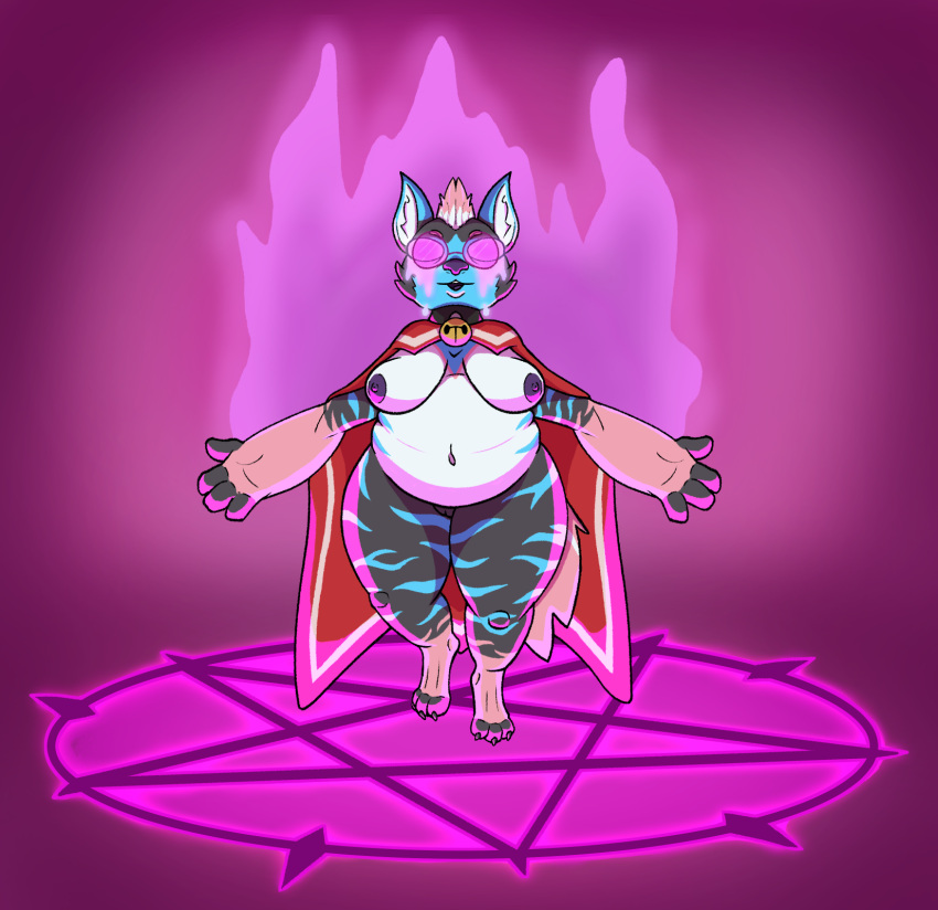 anthro bell bell_collar belly big_belly big_breasts big_nipples breasts cape chubby_female claws clothing collar cuddly cult cult_of_the_lamb cultist dramatic_lighting eyewear female fire fluffy genitals glasses glowing glowing_eyes glowing_tears hi_res hyaenid impish_hyena_(character) impishhyena mammal mohawk navel nipples overweight paws pentagram pussy slightly_chubby soft solo spread_arms summoning summoning_circle thick_arms thick_thighs wide_hips