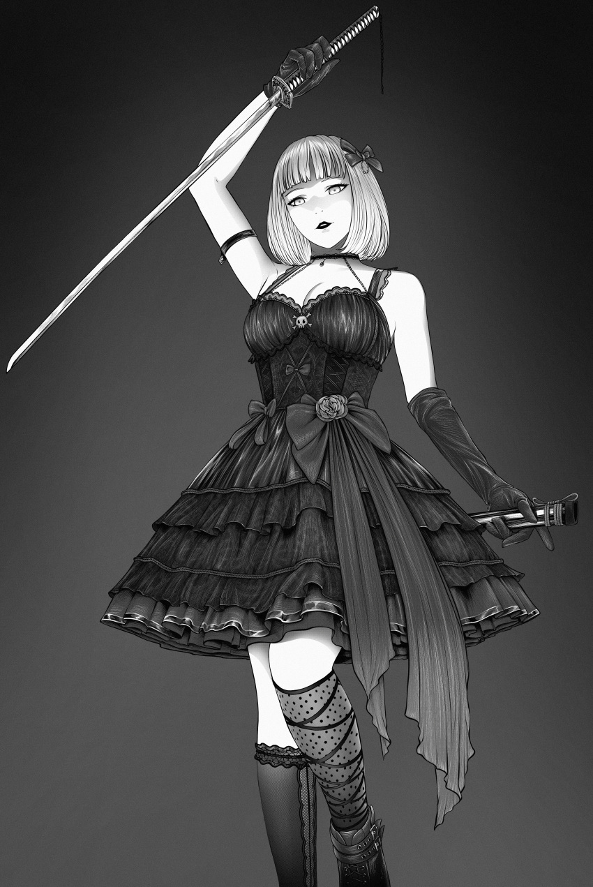 1girl absurdres armband asymmetrical_gloves asymmetrical_legwear bob_cut breasts choker cleavage commentary dress english_commentary gloves greyscale hair_ornament highres katana kneehighs lipstick makeup marvin_(omarvin) medium_breasts mismatched_gloves monochrome original reverse_grip sheath socks solo sword weapon