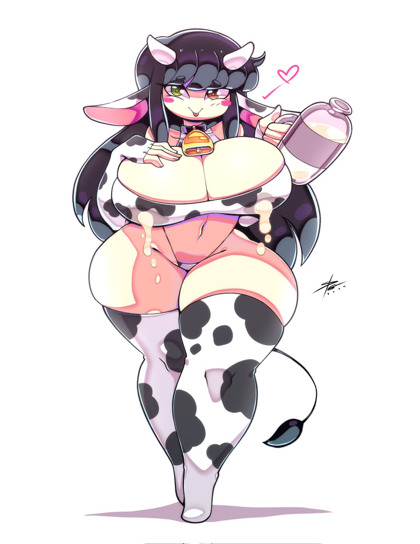 animal_humanoid bell bell_collar big_breasts bodily_fluids bovid bovid_humanoid bovine bovine_humanoid breasts cattle_humanoid cleavage clothed clothing collar female hi_res huge_breasts humanoid lactating legwear mammal mammal_humanoid mature_female sergioghi solo thick_thighs thigh_highs wide_hips