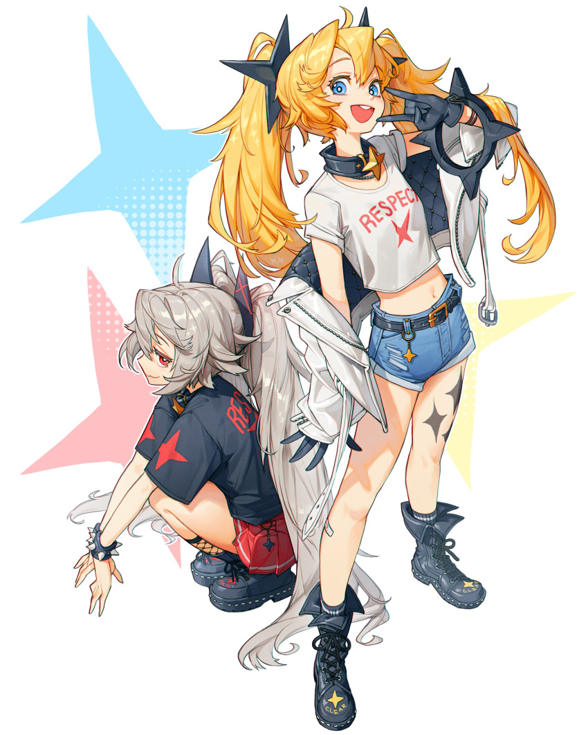 2girls :d \n/ absurdres armlet bangs belt belt_buckle black_footwear black_gloves black_shirt black_socks blonde_hair blue_eyes bodypaint buckle charm_(object) clear_(djmax) collar djmax djmax_respect fail_(djmax) fishnet_socks fishnets gloves grey_hair hair_between_eyes hair_ornament headgear highres jacket long_hair multiple_girls navel pants pleated_skirt red_eyes red_skirt rinotuna shirt short_shorts shorts simple_background skirt smile socks spiked_armlet squatting standing star_(symbol) torn_clothes torn_pants twintails very_long_hair white_jacket white_shirt wristband