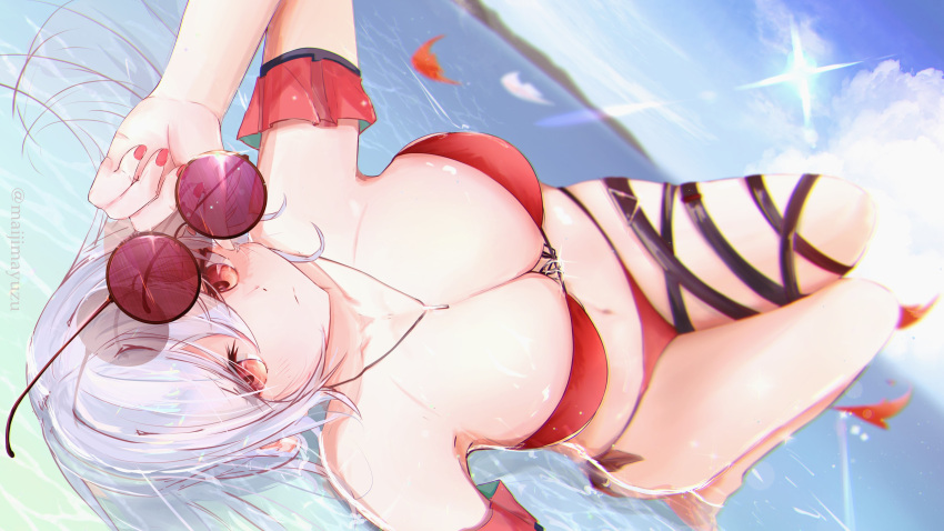 1girl absurdres adapted_costume arknights bangs bikini black_ribbon blue_sky breasts cleavage closed_mouth day detached_sleeves dutch_angle eyewear_removed fish from_behind front-tie_bikini front-tie_top glint grey_hair highres jewelry knees_up large_breasts lens_flare long_hair looking_at_viewer looking_back lying maijima_yuzu nail_polish necklace on_back outdoors purple-tinted_eyewear red_bikini red_eyes red_nails ribbon round_eyewear shallow_water skadi_(arknights) skadi_the_corrupting_heart_(arknights) sky solo sunglasses swimsuit thigh_strap tinted_eyewear twitter_username very_long_hair water