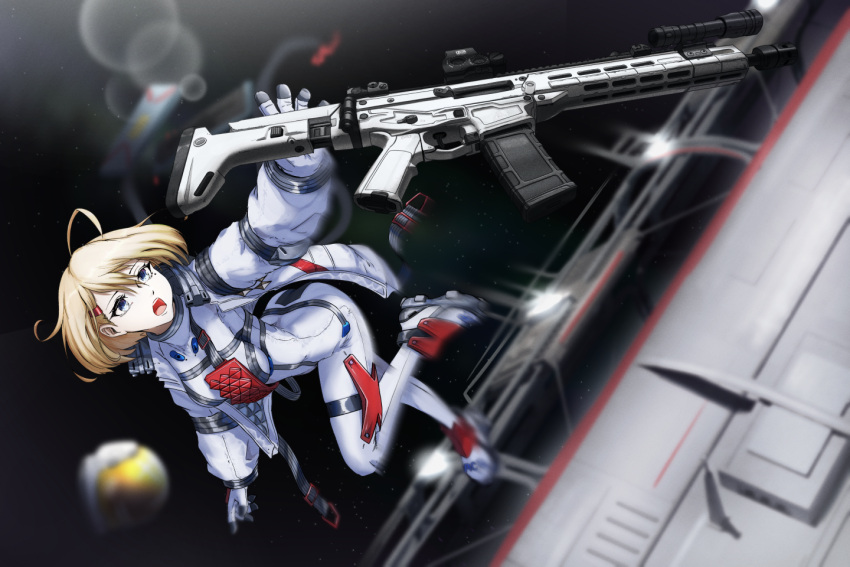 1girl acr_(girls'_frontline) acr_(search_in_the_stars)_(girls'_frontline) ahoge assault_rifle astronaut blonde_hair blue_eyes bodysuit breasts bushmaster_acr girls'_frontline gun haonfest headwear_removed helmet helmet_removed jacket long_sleeves magazine_(object) medium_breasts open_clothes open_jacket rifle short_hair space space_helmet spacesuit weapon white_bodysuit white_helmet white_jacket