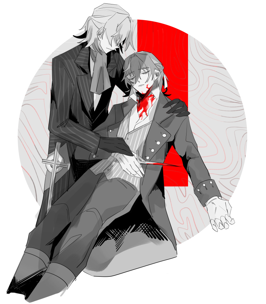 2boys absurdres antonio_salieri_(fate) antonio_salieri_(human)_(fate) antonio_salieri_(second_ascension)_(fate) ascot bags_under_eyes blood blood_on_knife blood_splatter closed_eyes coat crosshatching death dual_persona fate/grand_order fate_(series) formal gloves greyscale hair_between_eyes hair_ribbon half_updo hatching_(texture) highres kittchi_(kmmr_004) knife long_sleeves lying_on_person male_focus monochrome multiple_boys parted_lips pinstripe_pattern pinstripe_suit pinstripe_vest ribbon short_hair simple_background spot_color striped suicide suit vest white_background