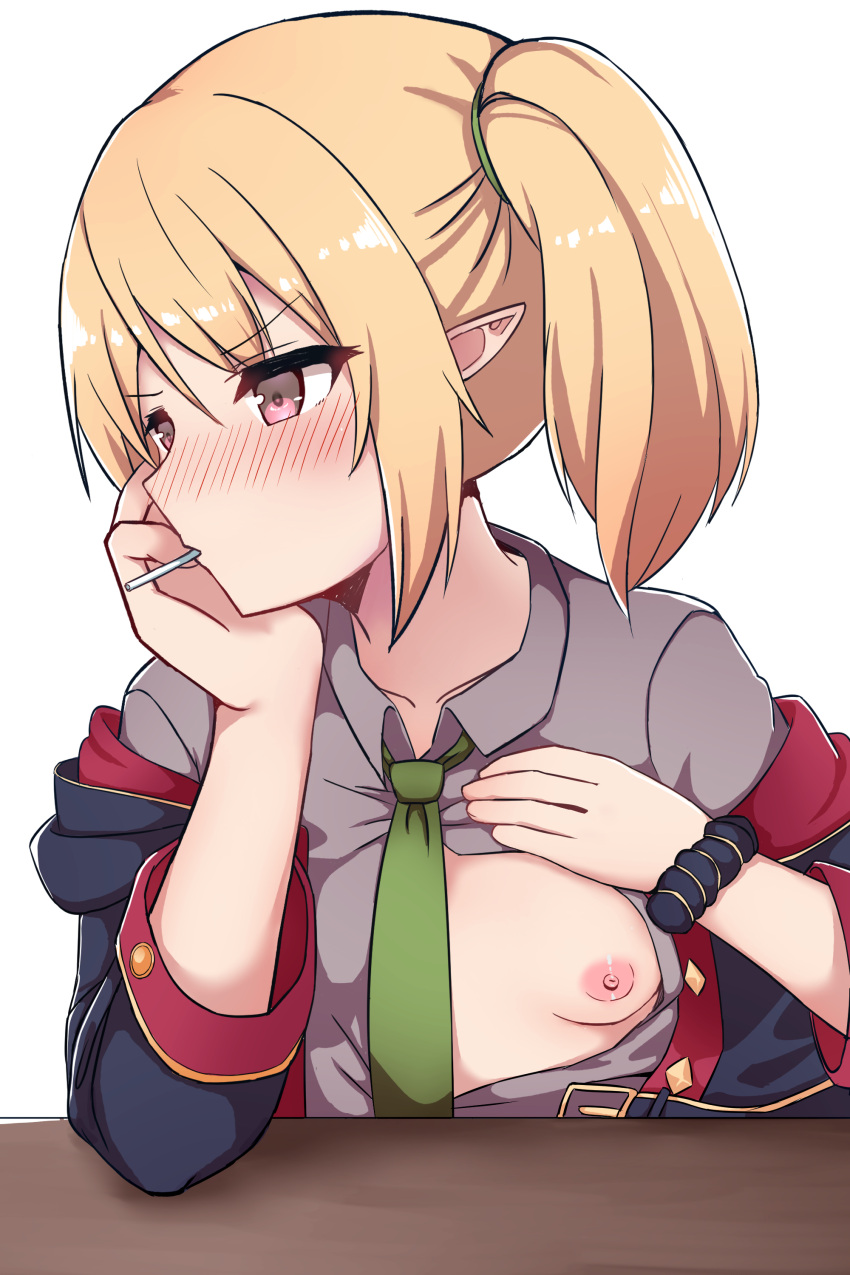 000_(jicasoe) 1girl absurdres black_hoodie blonde_hair blush breasts chloe_(princess_connect!) elf embarrassed flashing food green_necktie grey_shirt highres hood hooded_jacket hoodie jacket necktie nipples one_breast_out open_clothes open_shirt oppai_challenge pointy_ears popsicle popsicle_in_mouth princess_connect! scrunchie shirt simple_background small_breasts solo twintails white_background
