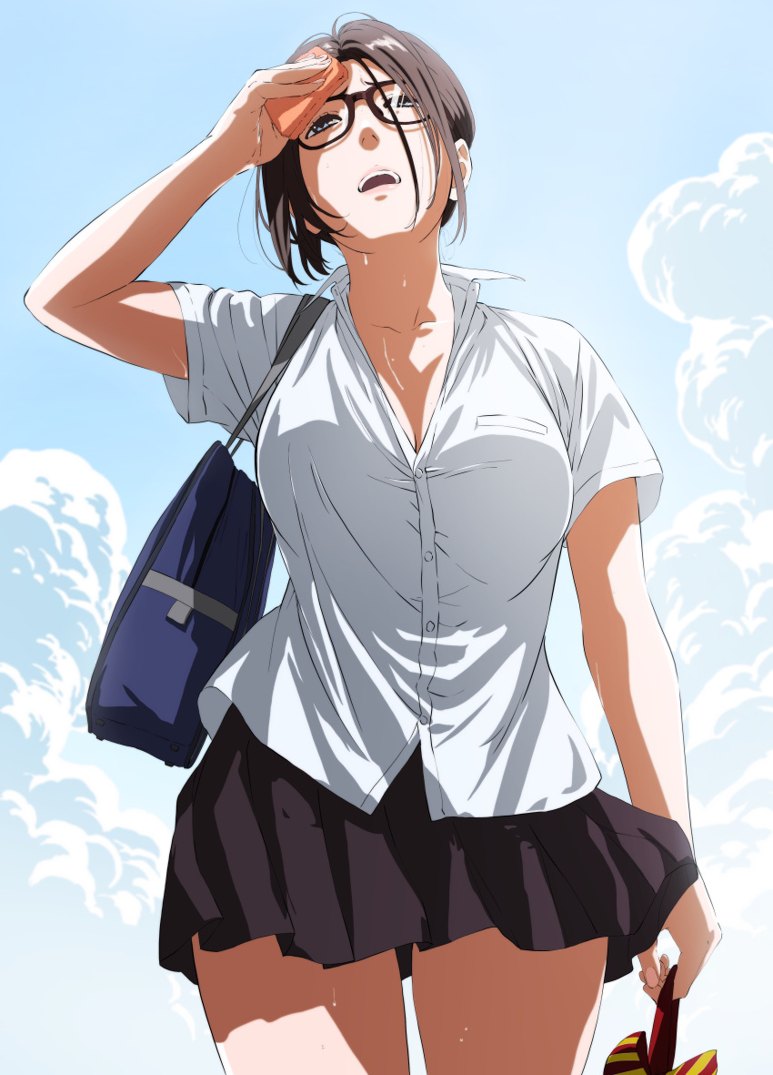 1girl absurdres arm_at_side arm_up bag black_skirt blue_sky brown_hair buttons cloud cloudy_sky collared_shirt from_below glasses handkerchief highres hot kakitama looking_up miniskirt open_collar open_mouth original school_bag school_uniform shirt short_hair short_sleeves skirt sky summer sweat uniform white_shirt