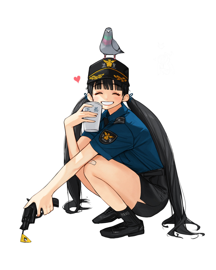 1girl animal_on_head bandaid bandaid_on_knee bandaid_on_leg bangs bird bird_on_head black_footwear black_hair black_shorts black_socks blunt_bangs closed_eyes cup gun heart highres holding holding_cup holding_gun holding_weapon long_hair on_head original parted_lips rinotuna shoes shorts simple_background smile socks solo twintails very_long_hair weapon white_background