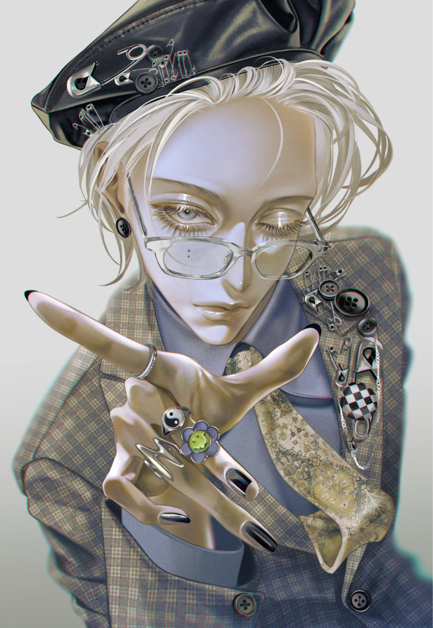 1boy collared_shirt earrings glasses grey_background grey_eyes grey_shirt highres index_finger_raised jacket jewelry kohaku_0 necktie one_eye_closed original plaid plaid_jacket print_jacket print_necktie ring shirt simple_background solo yellow_necktie