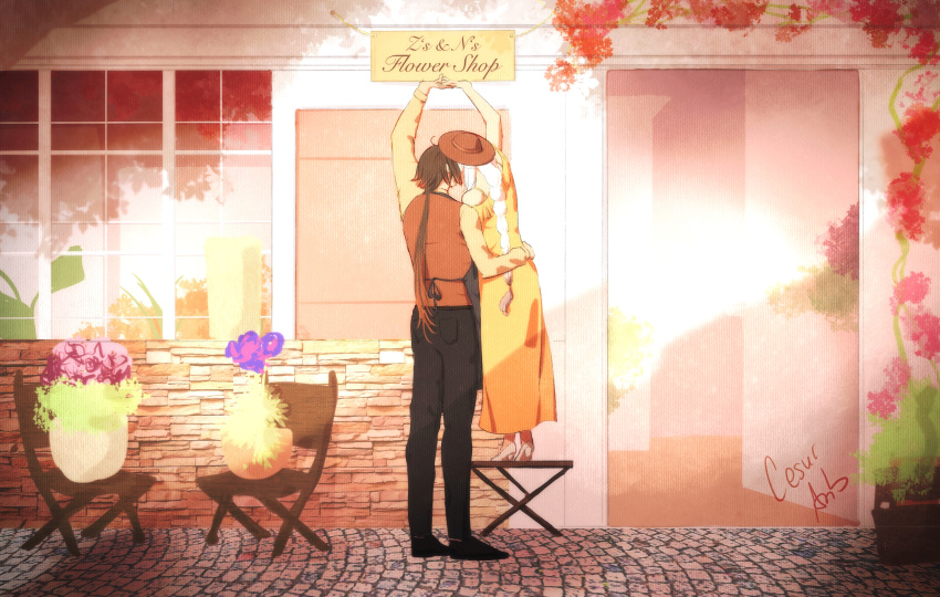 1boy 1girl absurdres arms_up artist_name cesurarts chair flower flower_pot from_behind height_difference highres interlocked_fingers original overexposure ponytail shop signature standing tiptoes